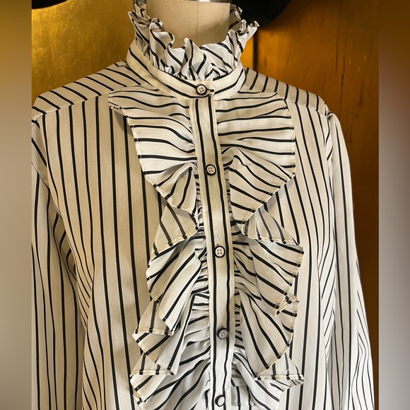 Vintage Striped Ruffle Blouse Striped Shirt 1970s Pinup Retro Lady Shapely 42 - Picture 4 of 6